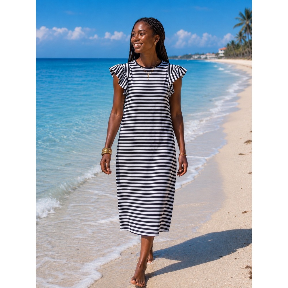 Lauren Ralph Lauren‎ Striped Cold Shoulder Flutter Sleeve Midi Dress Black XL
